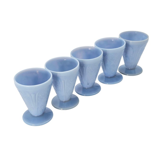 1930s Jeanette Glass Delphite Blue Cherry Blossom Footed Juice Tumblers, Set of Five For Sale In San Francisco - Image 6 of 9