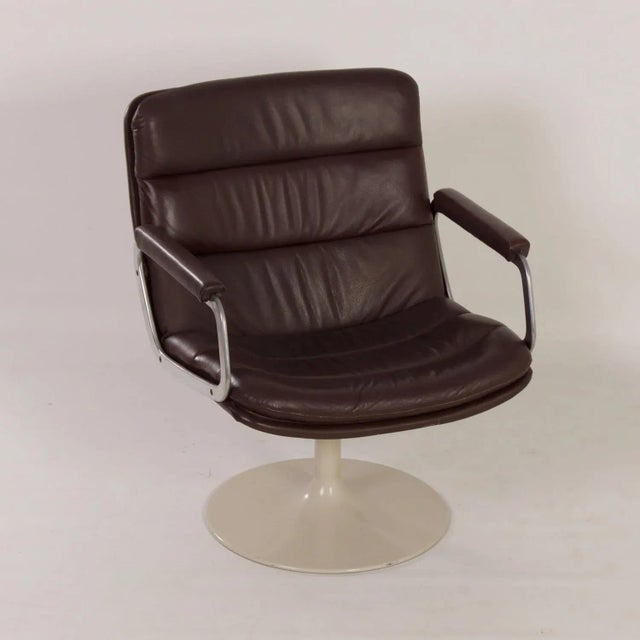 798 Artifort Armchair with a white metal tulip base in brown leather designed by Geoffrey Harcourt for Artifort in 1972....