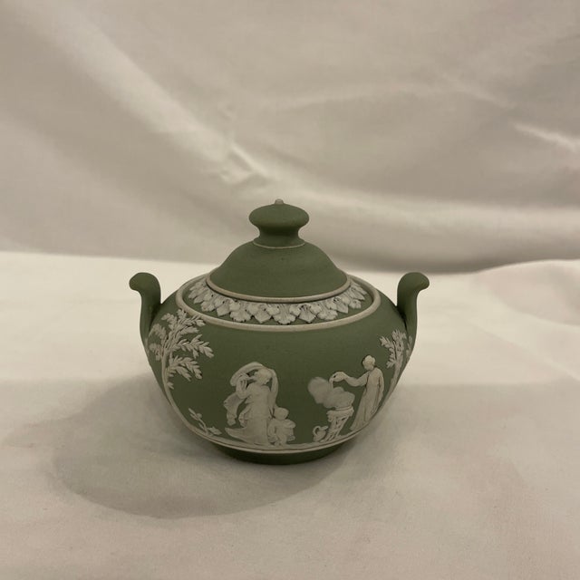Circa 1890s Wedgewood green Jasperware Lidded sugar bowl with double handles