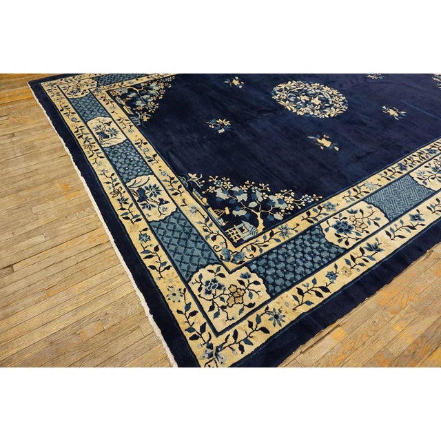 1900s Blue Classic Greek Key Swastika Anitque Chinese Peking Wool Room Size Rug For Sale - Image 4 of 10