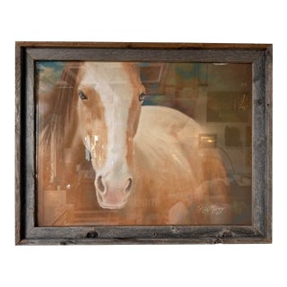 1980s Rich Maxey Oil Pastel Horse Portrait Painting in Rustic Wood Frame, Signed For Sale