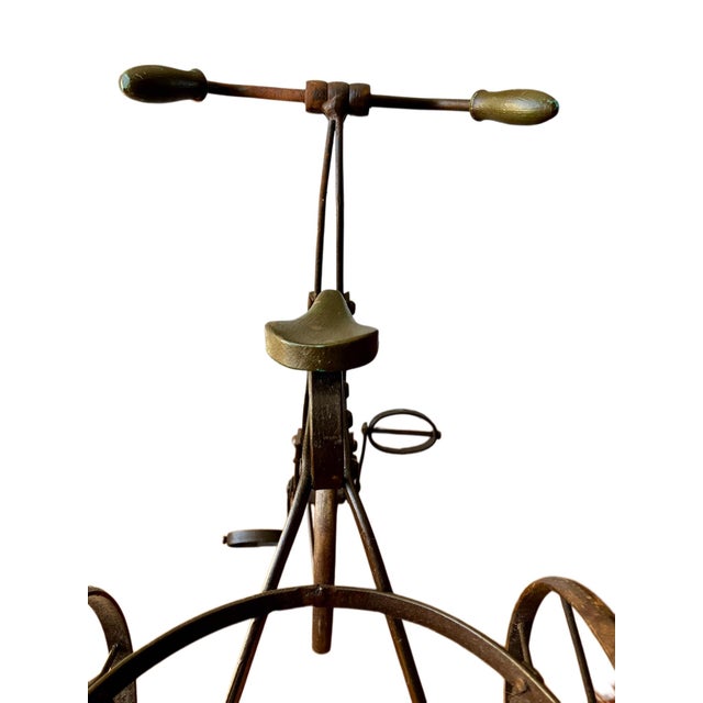 Vintage Decorative Metal Tricycle Planter With Spoked Wheels and Brass Accents For Sale - Image 9 of 17