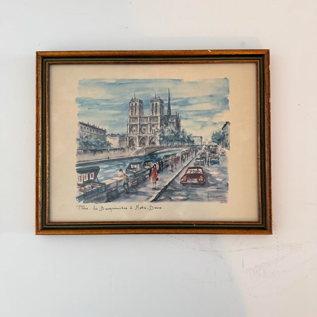 Dark Gray Mid-Century Arno Paris Notre-Dame Bouquinistes Framed Art Print For Sale - Image 8 of 8