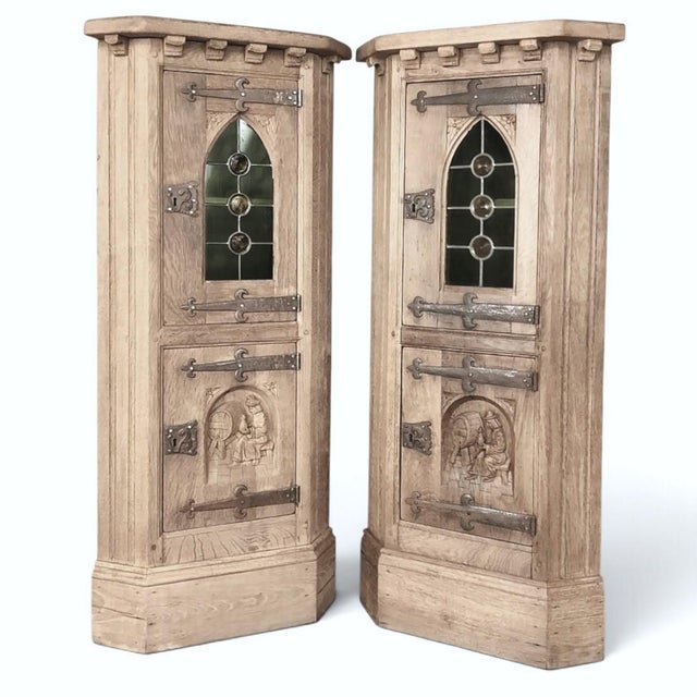 Pair Rustic Gothic Revival Oak Corner Wine Cabinets ~ Vitrines For Sale - Image 17 of 17