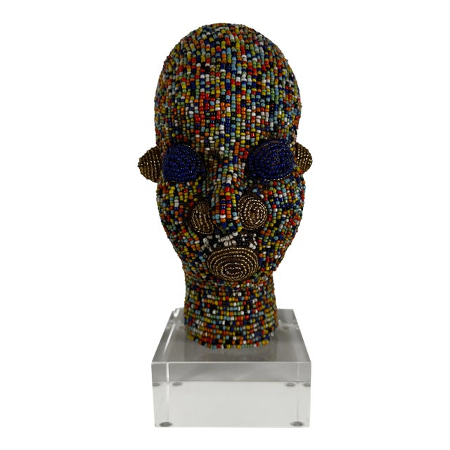 Mid 20th Century Beaded Head From Cameroon on Lucite Plinth For Sale