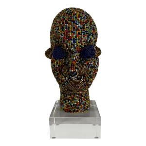 Mid 20th Century Beaded Head From Cameroon on Lucite Plinth