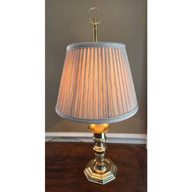 High Quality Brass Candlestick Style Table Lamp. Original shade by Frederick Cooper