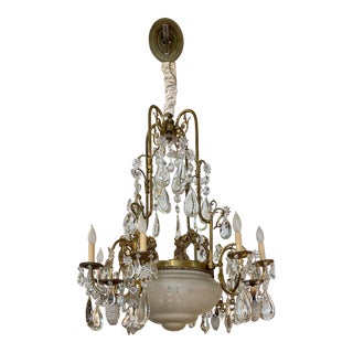Antique 19c Victorian Bronze & French Crystal Chandelier For Sale