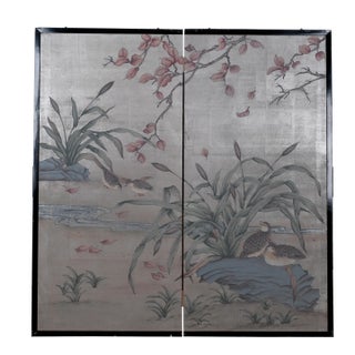 Antique Japanese "Mating Asian Quails" Late 19th-Early 20th Century Hand Painted Screen 2-Panel Screen With Muted Colors on Dark Silver Background For Sale