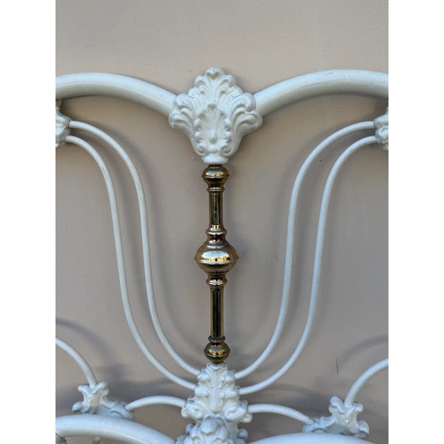 Vintage Elliott's Designs White Cast Iron Brass Queen King Headboard Footboard For Sale - Image 10 of 12