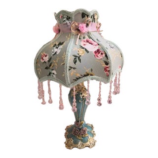 Girly Pink-Green Floral Fabric Table Lamp For Sale