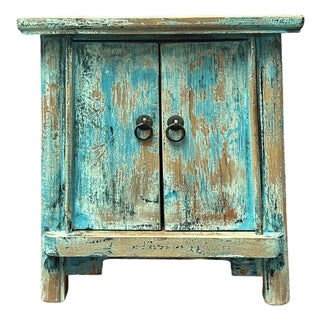 16.25" Distressed Light Blue 2 Doors End Table Nightstand Chest For Sale