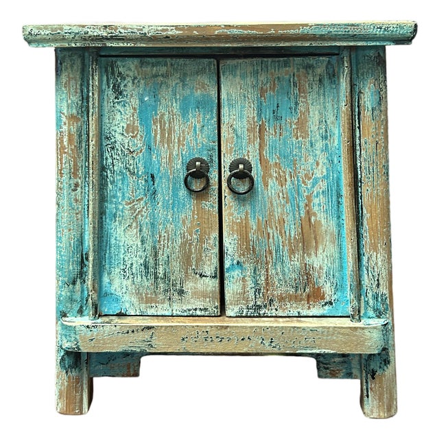 16.25" Distressed Light Blue 2 Doors End Table Nightstand Chest For Sale