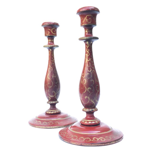 Vintage FlorentineStyle Red Wooden Candlesticks a Pair Chairish