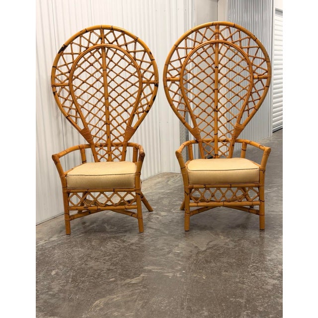 1970s Monumental Pair of Balloon Back Bamboo & Rattan Lounge Chairs For Sale - Image 10 of 12
