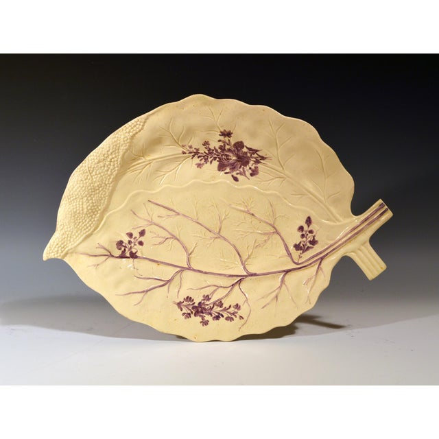 Derbyshire Creamware Large Leaf Dish, Two Overlapping Leaves Painted in Puce, Melbourne Type English, probably Derbyshire,...