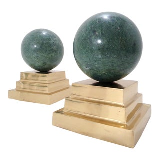 Vintage Verde Malachite Marble Sphere & Brass Geometric Bookends For Sale