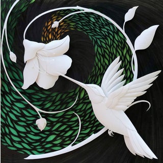 Synesthesia by Marisa Aragón Ware | Paper sculpture on Artefex panel of a hummingbird and flowers For Sale