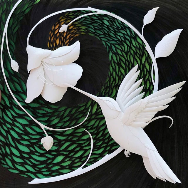 Synesthesia by Marisa Aragón Ware | Paper sculpture on Artefex panel of a hummingbird and flowers For Sale