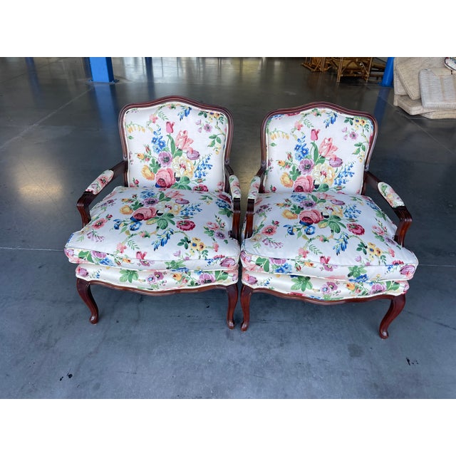 Bergère Armchairs by Century Furniture in Floral Upholstery – Pair | Louis XV Style For Sale - Image 16 of 16