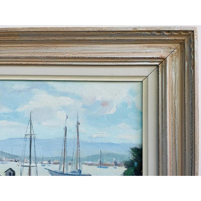 Blue Carol Haydan Coastal Marine Harbor Scene Oil on Canvas Board For Sale - Image 8 of 9