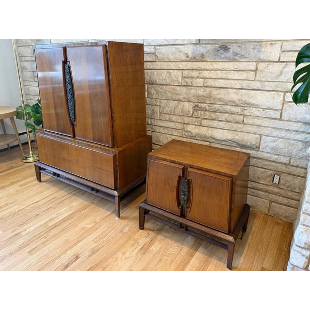 Brown Attributed/Styled After: Helen Hobey Baker Mid-Century Modern Set of 2: Highboy Dresser & Nightstand - One Owner For Sale - Image 8 of 14
