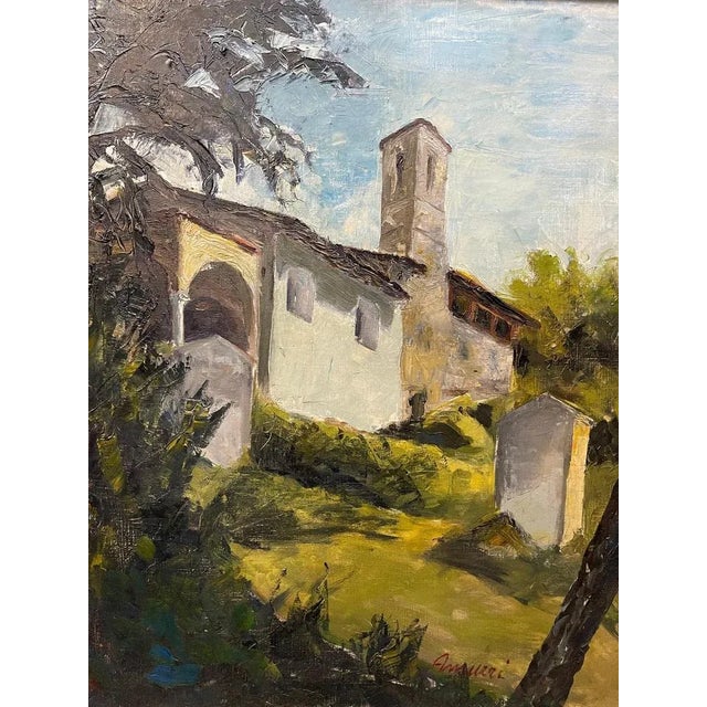 Oil on canvas, Giancarlo Amurri, view of a small church, 20th century Painting created with the Impressionist approach...