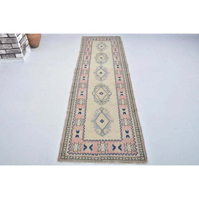 Mid-Century Modern Pink & Beige Wool Handmade Runner Rug For Sale - Image 11 of 11