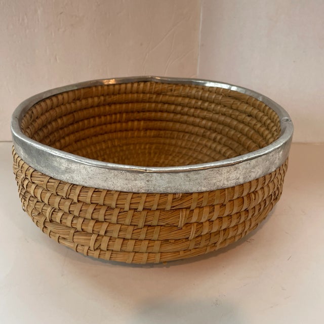 Handwoven Coil Basket With Metal Band 12" For Sale - Image 4 of 9