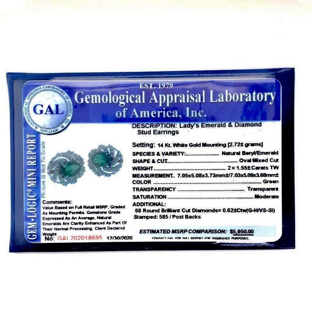 Diamond Emerald Earrings 14 Karat White Gold 2.17 TCW Certified For Sale - Image 9 of 14