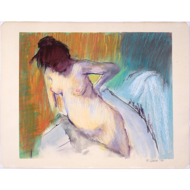 Standing Female Figurative Nude in Watercolor and Pastel on Paper A woman is depicted standing, presumably pregnant, in...