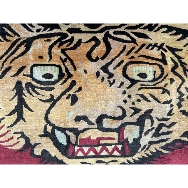Golden Yellow Silk Tiger Design Pictorial Rug – Handmade Tribal Caucasian Rug For Sale - Image 4 of 11