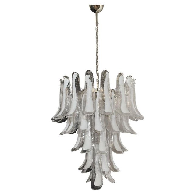 Huge Italian vintage Murano chandelier made by 52 glass petals (transparent crystal, smooth outside, with crystal powder...