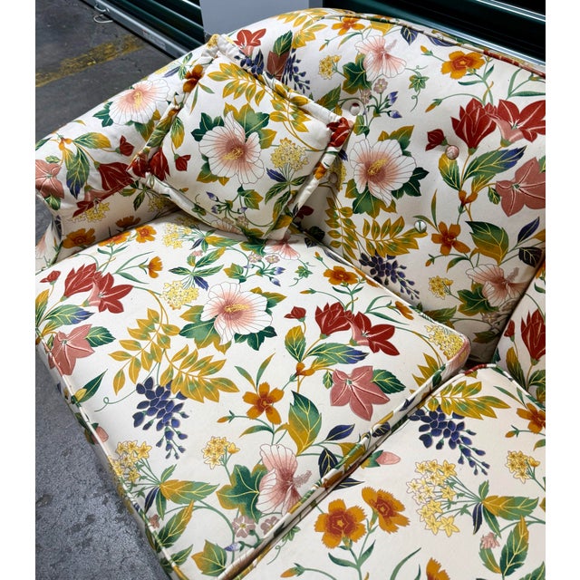 Wood Mid 20th Century Ethan Allen Floral Upholstered Three-Seat Sofa For Sale - Image 7 of 12