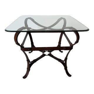 Jacques Adnet / Hermès Style Trompe L’Oeil Faux Leather Strap Side Table With Glass Top For Sale
