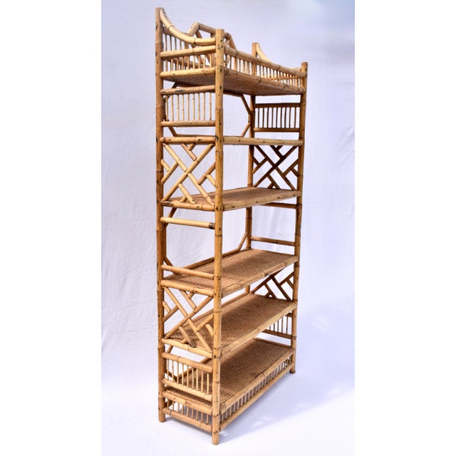 Chinese 1970's Brighton Pavilion Chinese Chippendale Bamboo Caned Bookcase Etagere For Sale - Image 3 of 10