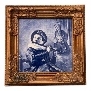 19th Century Delft Hand Painted Holland Tile With the Flute Player in Wood Frame For Sale