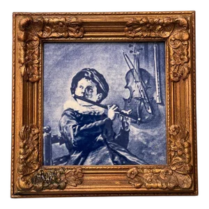 19th Century Delft Hand Painted Holland Tile With the Flute Player in Wood Frame