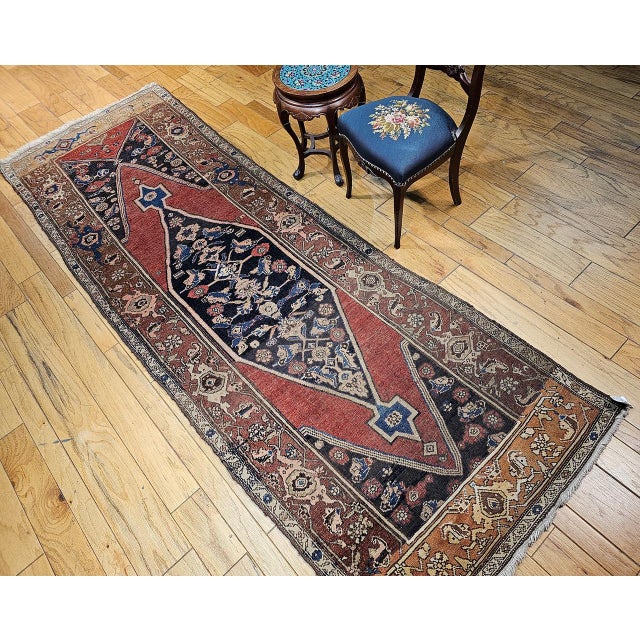 Red Antique Persian Bidjar Wide Runner, Hand-Knotted Wool, Geometric Pattern, Terracotta & Navy, 4x11 For Sale - Image 8 of 18