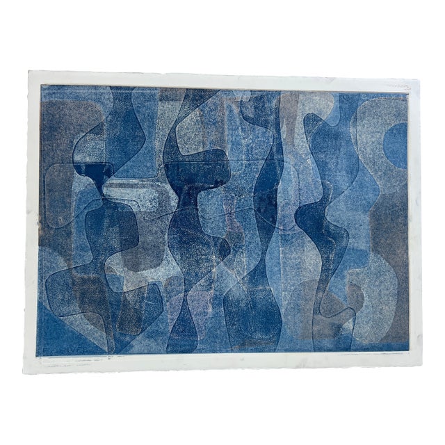 Original Signed Blue Abstract Layered Monotype Artwork, Unframed For Sale