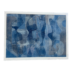 Original Signed Blue Abstract Layered Monotype Artwork, Unframed