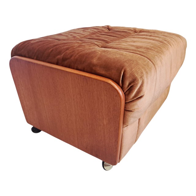 Mid-Century Saddle Ottoman in Teak and Caramel Velour on Castors from G-Plan, 1980s For Sale