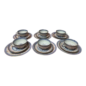 Vintage Chinese Porcelain Rice Eye/Rice Grain Teacups & Saucers and Bread Plates- 18 Pieces