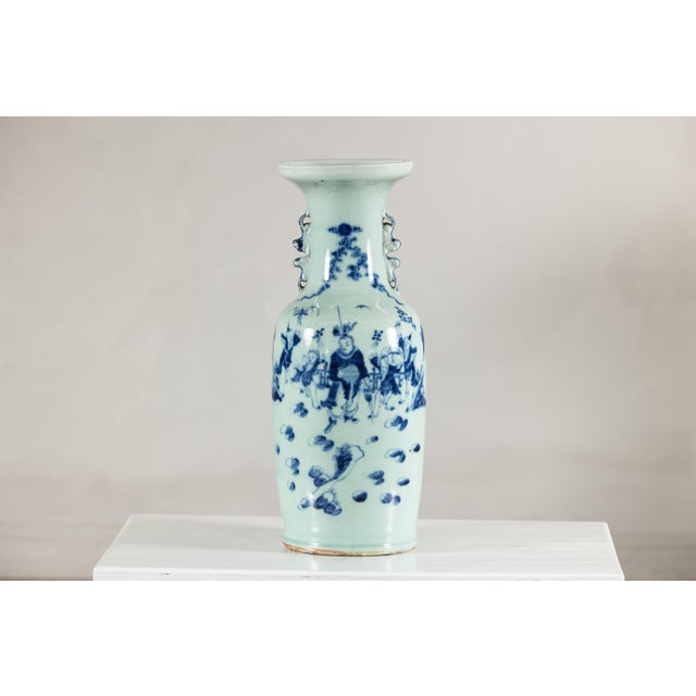 Antique Chinese Blue and White Vase with Figural Scene and Celadon-Toned Glaze For Sale - Image 18 of 18