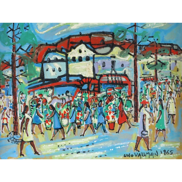 1965 Mid-Century Modern 'The Joyful Passage' Vintage Original Swedish Street Scene Oil Painting, Framed For Sale - Image 11 of 13
