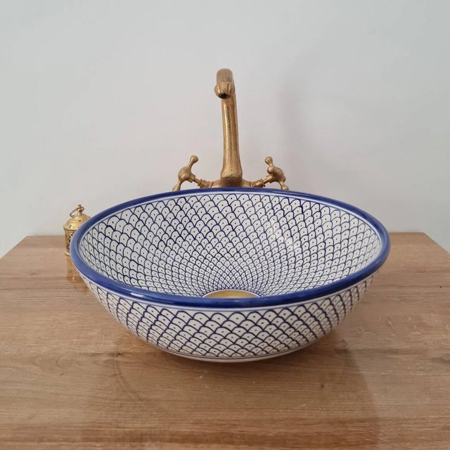 Metal Contemporary Zerka' Ceramic Sink Bowl Painted With Fish Eyes For Sale - Image 7 of 7