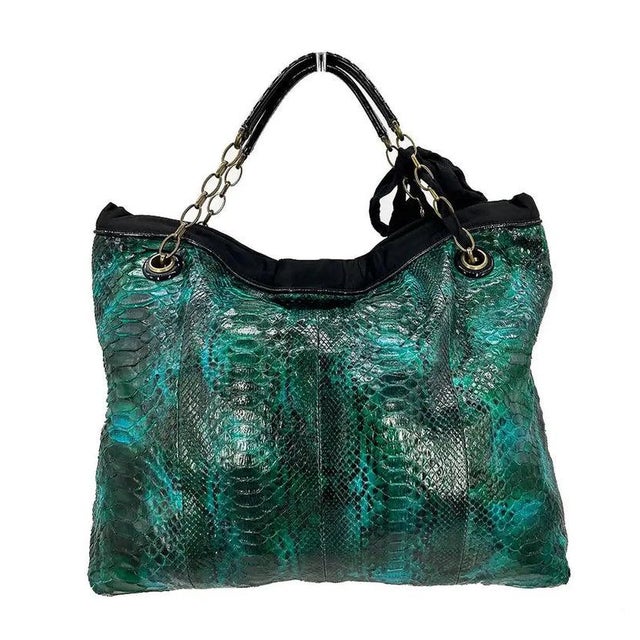 Lanvin Amalia Python Tote in excellent condition. Teal green python exterior trimmed with black patent leather, black...