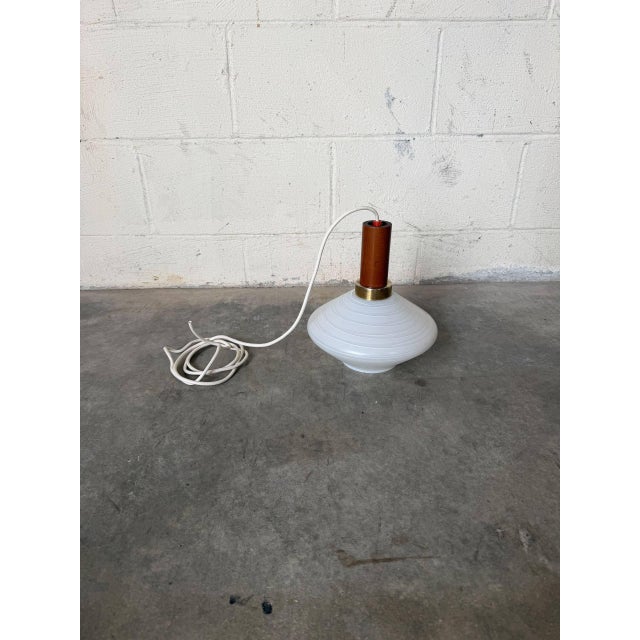 Wood 1960s Mid-Century Modern Teak and Opaline Glass Pendant Light Scandinavian Ceiling Lamp For Sale - Image 7 of 9
