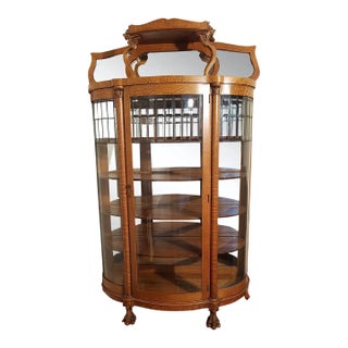 1920s Victorian Golden Tiger Oak Curio Curved 3 Bow Front For Sale