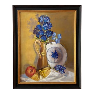 Contemporary French Inspired Blue Flower Still Life Oil Painting by Marina Movshina, Framed For Sale